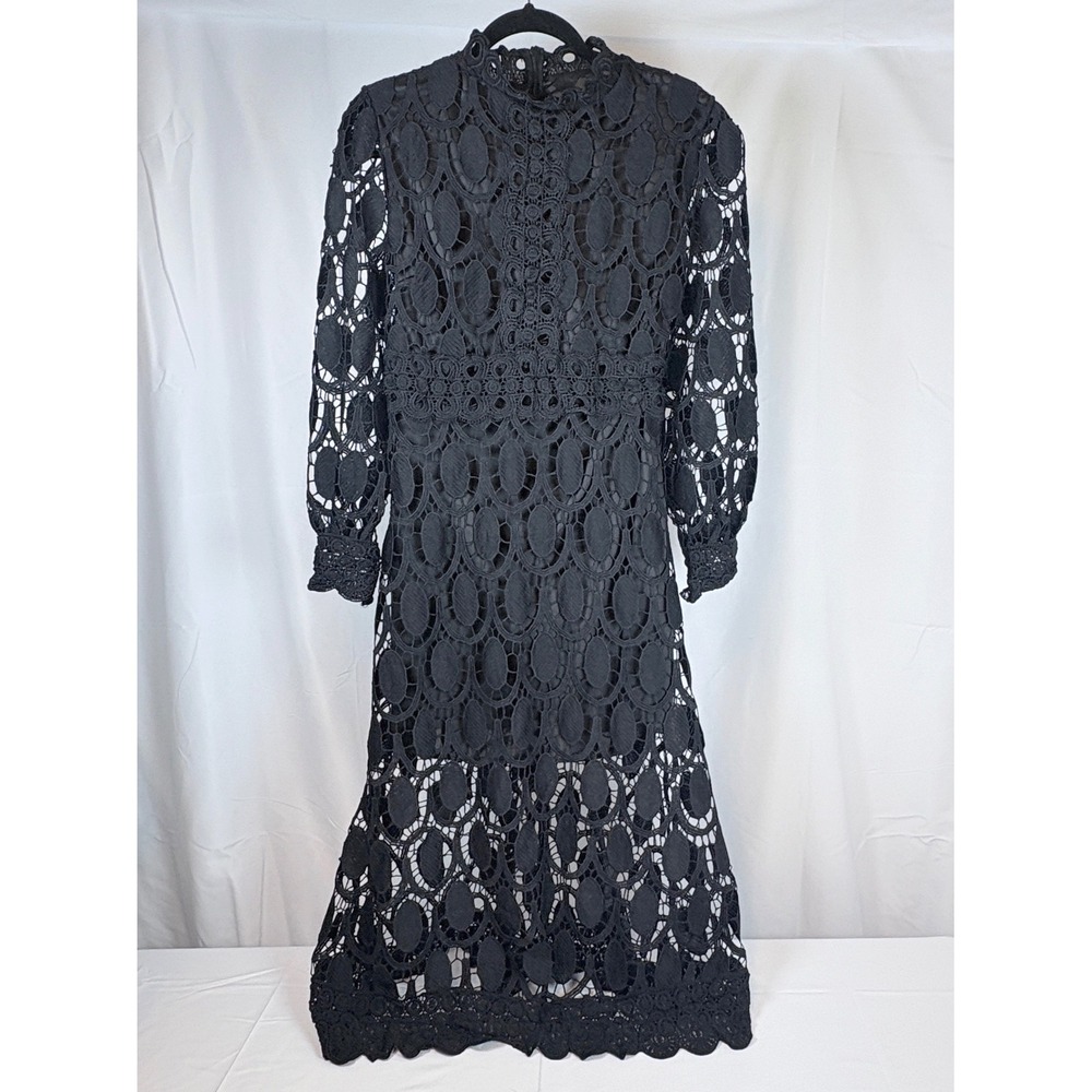 Black All Over Lace Crochet Victorian Gothic Romance Midi Dress Long Sleeve  M